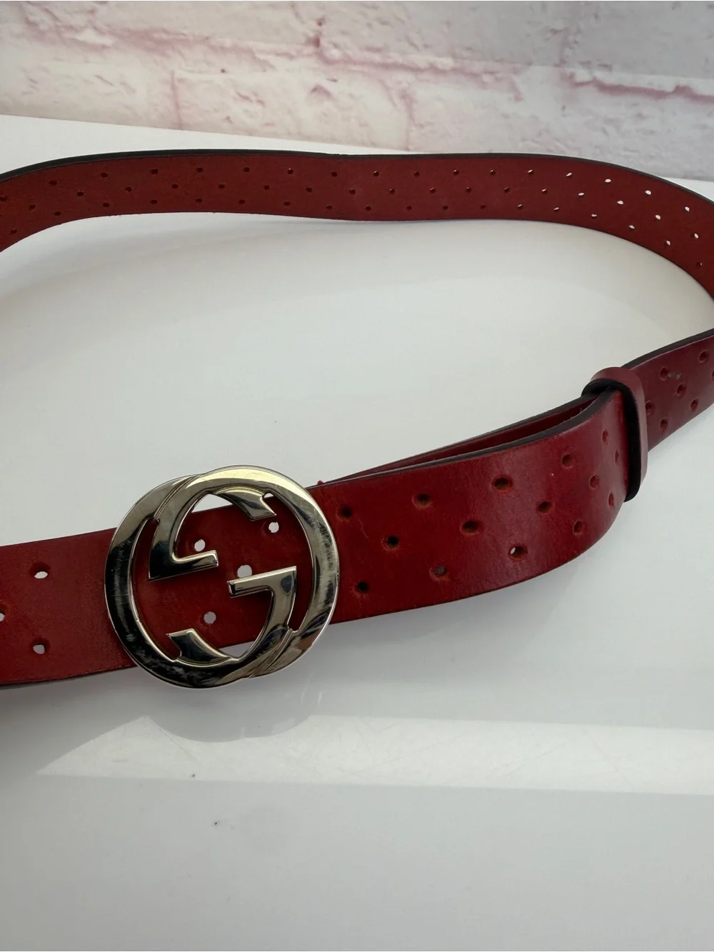 Gucci Red Perforated Leather Interlocking Belt 90/36 114874